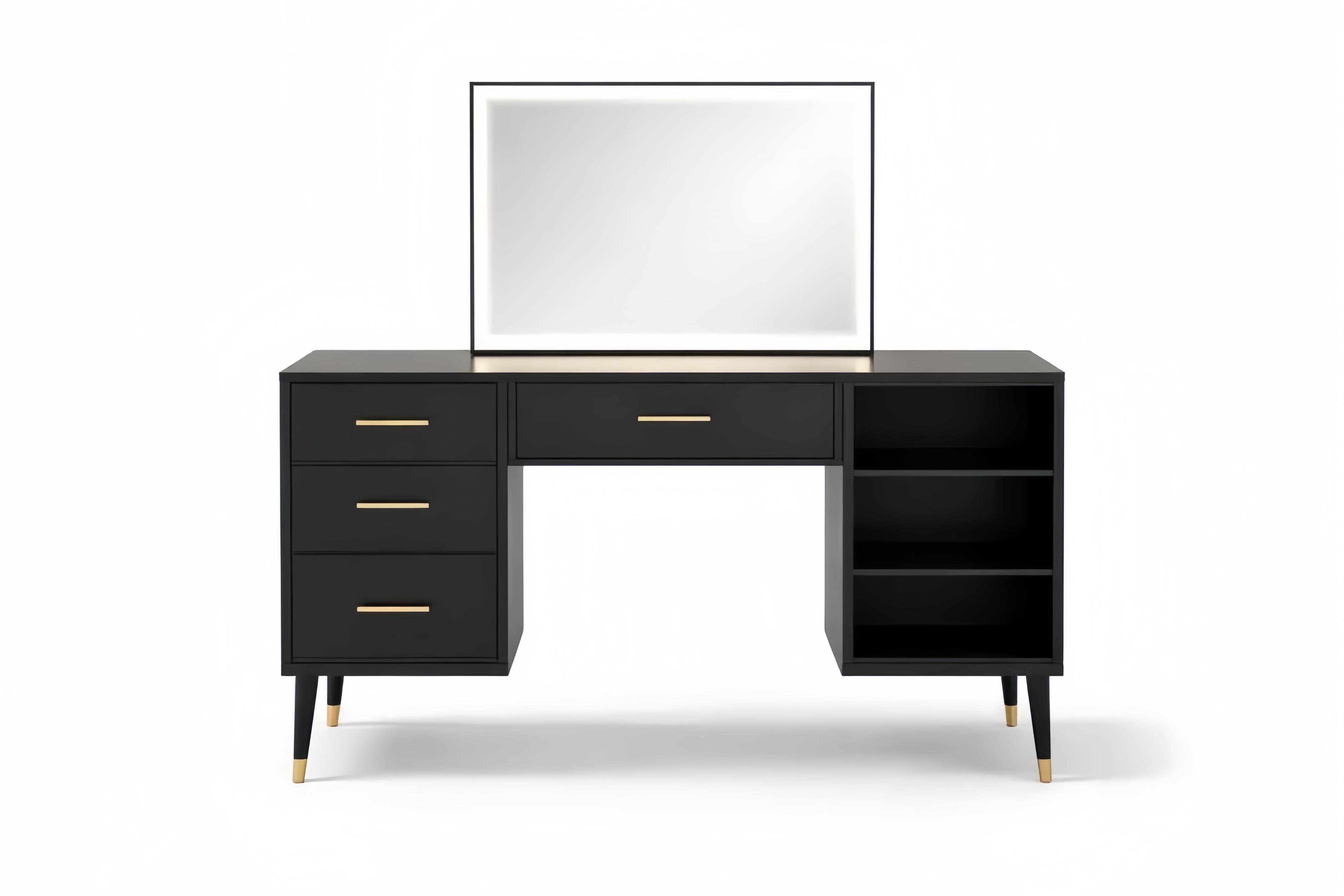 Black Solid Wood Vanity Desk with Drawers and Shelves