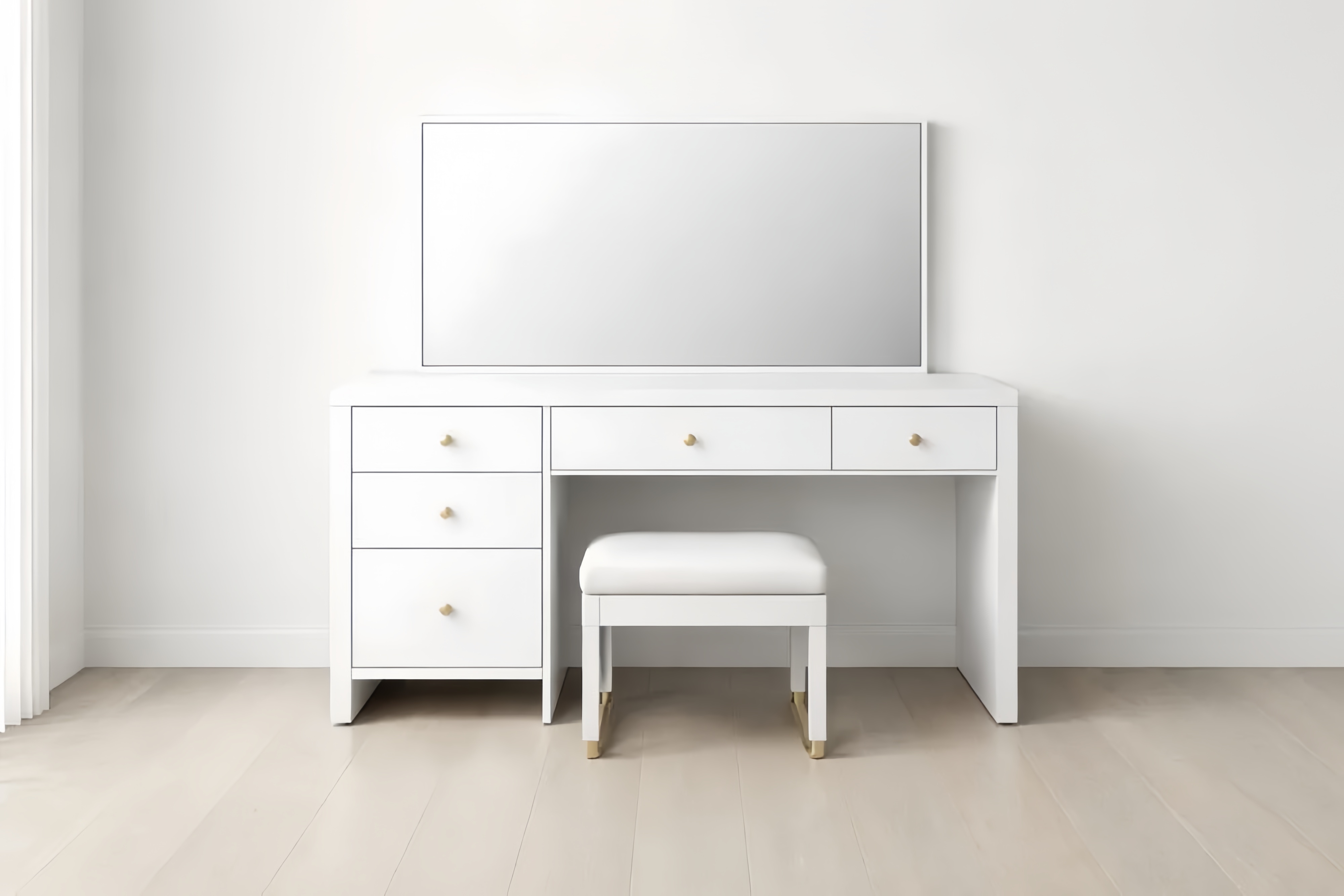 White Vanity Table Set with Mirror and Stool MDF with Gold Accents