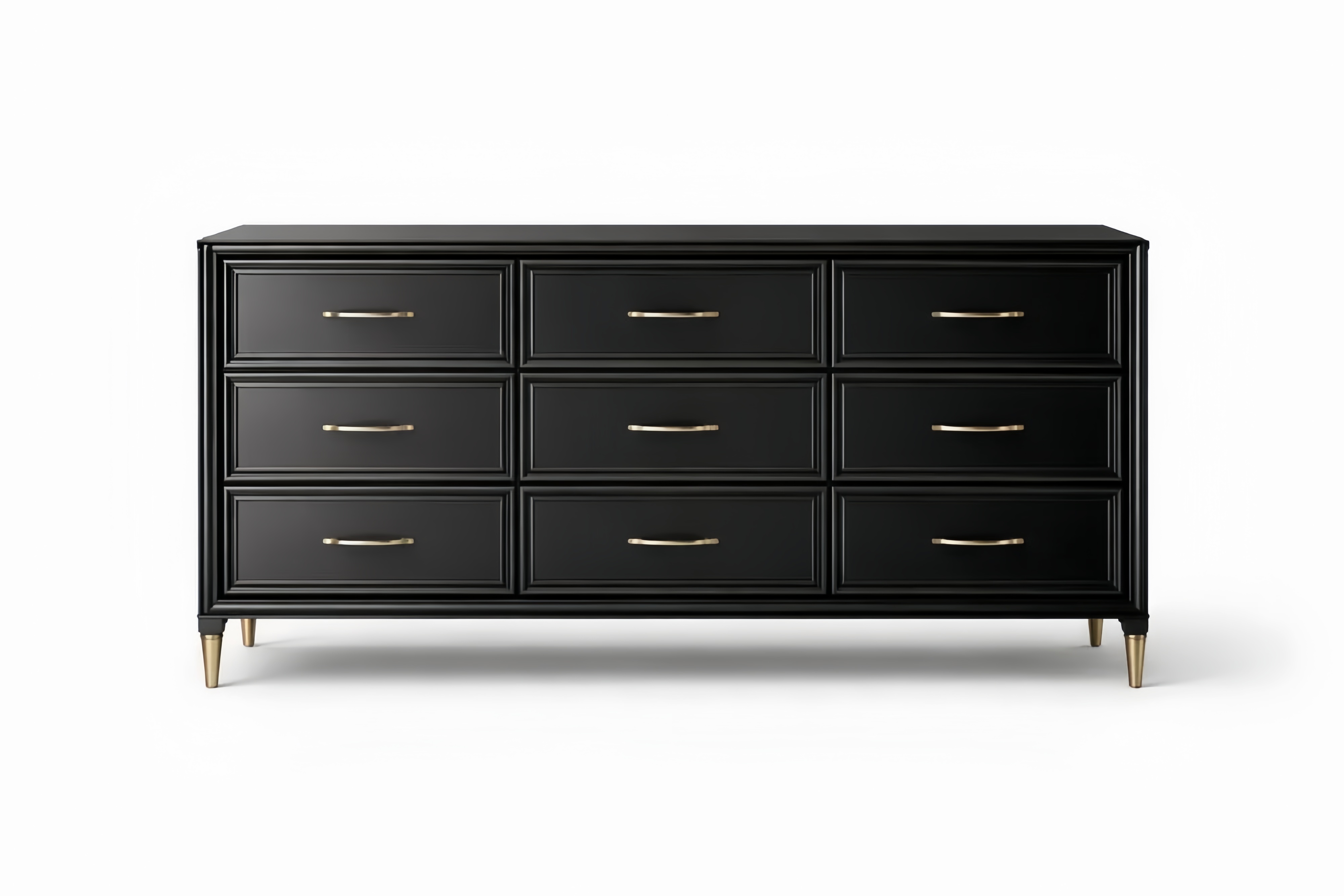 Black 9-Drawer Chest Solid wood with Gold Handles 150cm x 40cm x 80cm