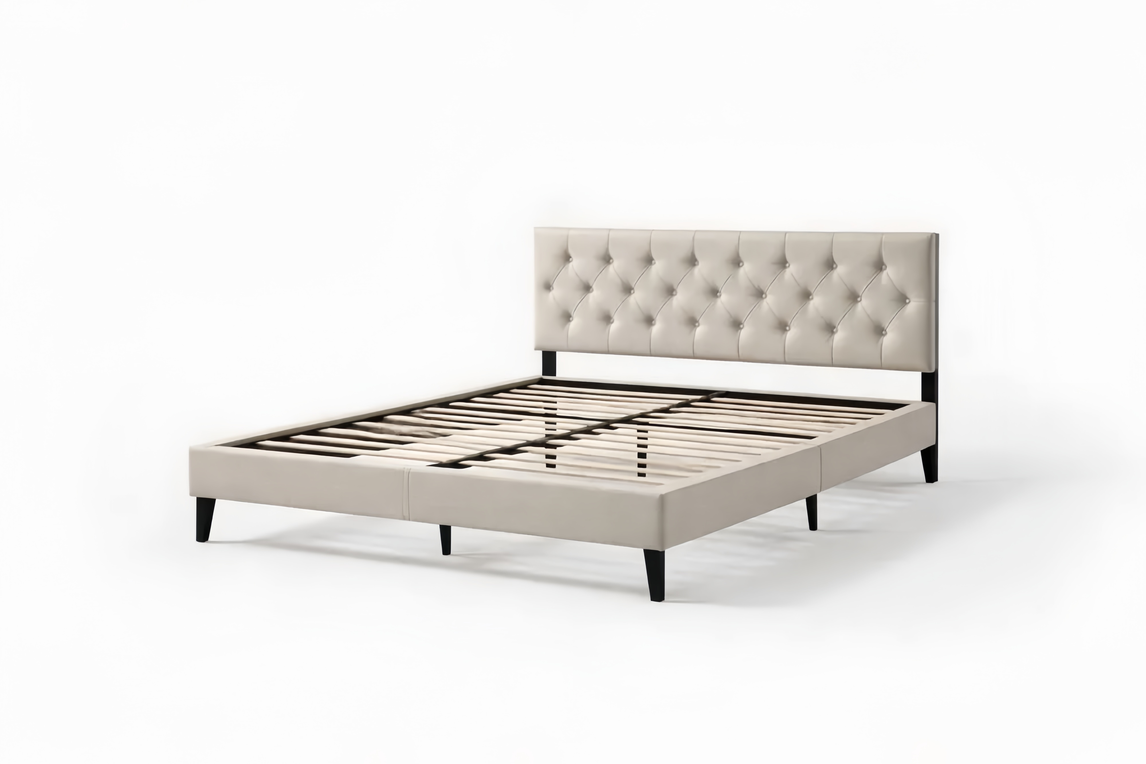 Queen Upholstered Bed Frame with Fabric Padding and solid wood Slats Beige