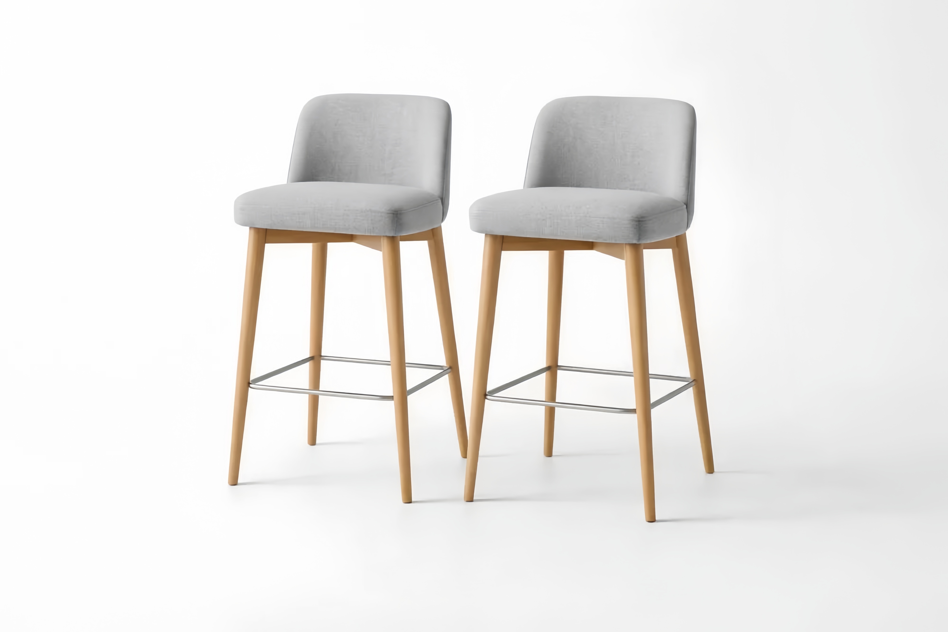 Set of 2 Light Gray Upholstered Bar Stools with Solid Wood Legs and Aluminum Footrest