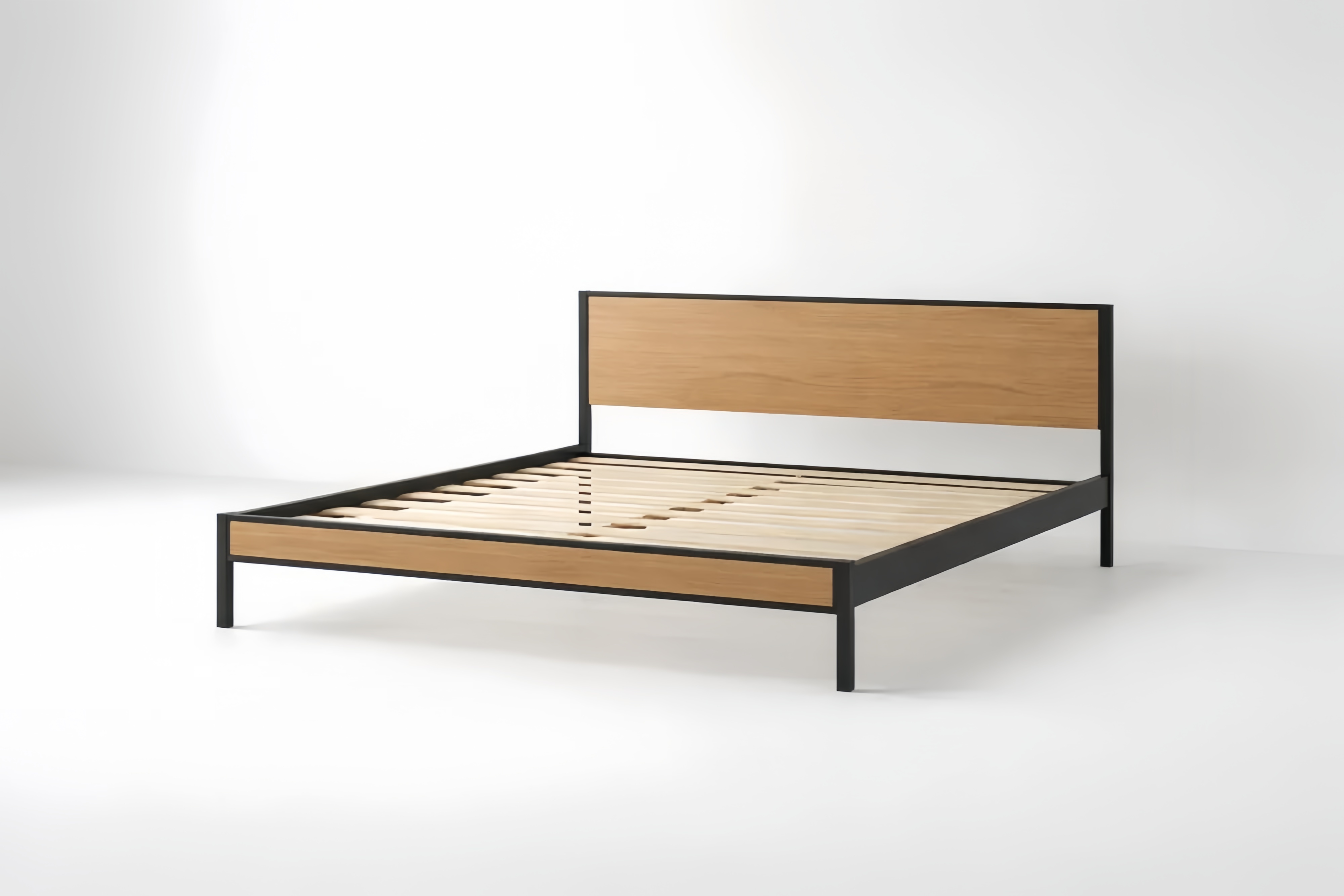 Queen Size steel and Engineered wood Platform Bed Frame with Headboard Oak/Black