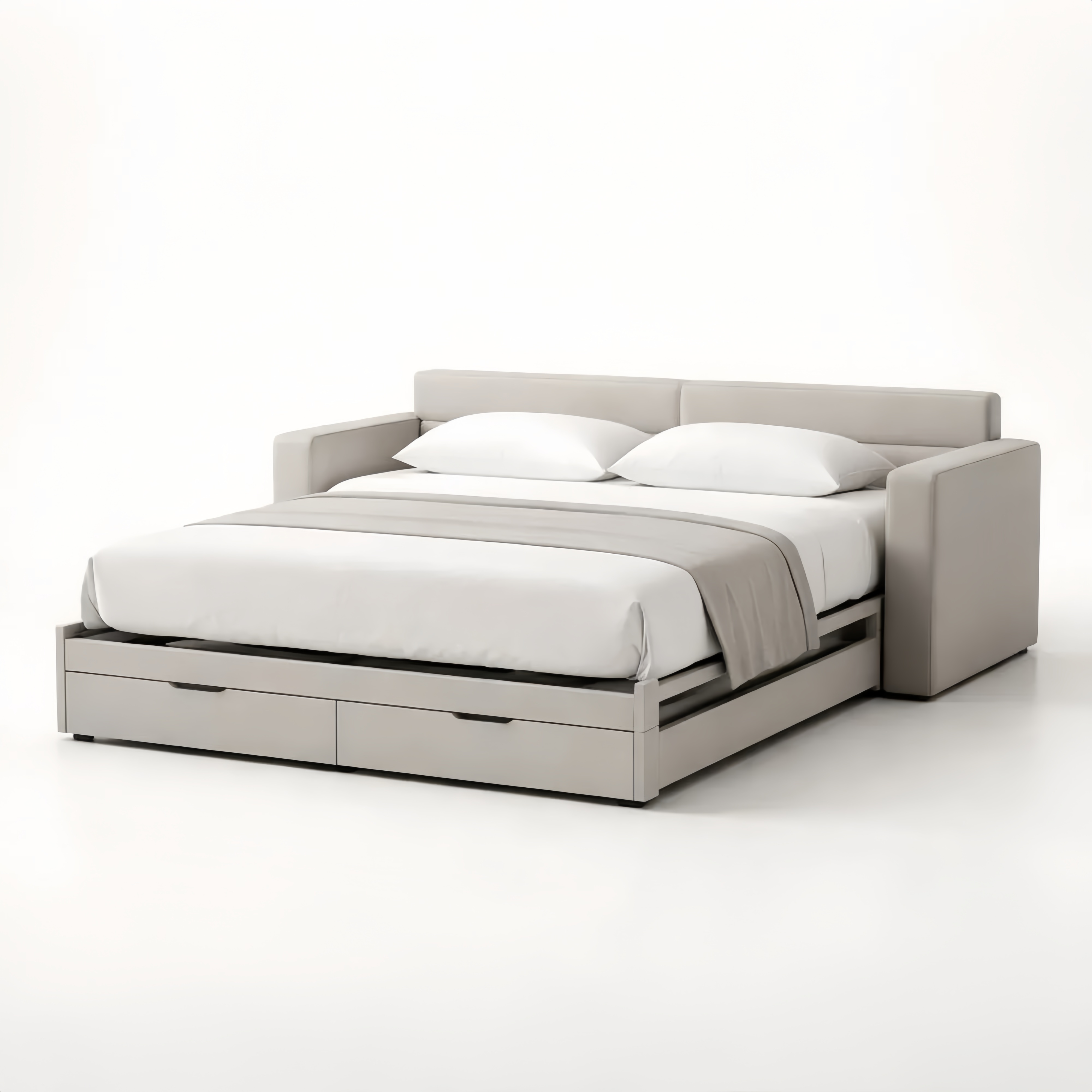 Grey linen pull-out bed with storage drawers, 200 cm × 160 cm