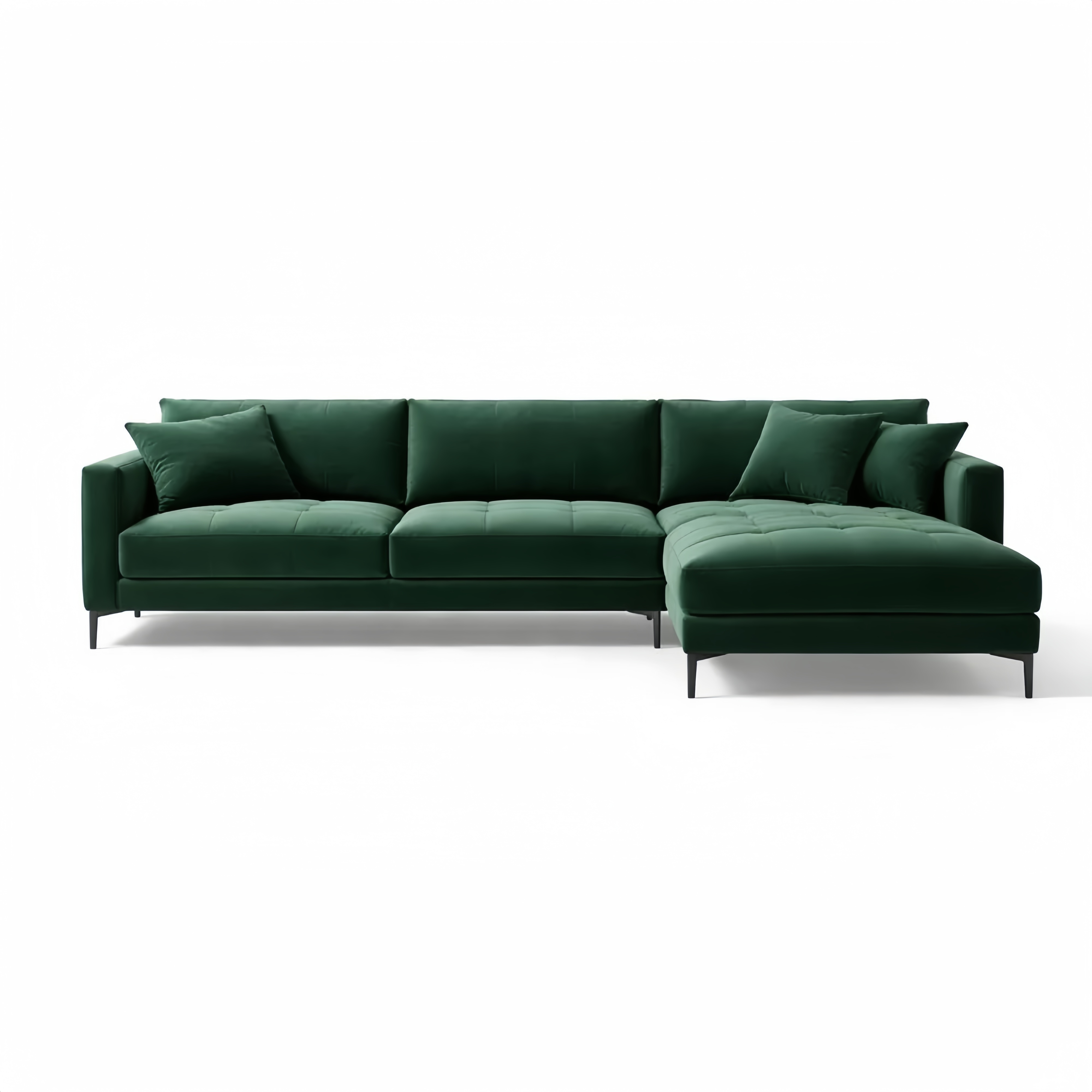 Velvet Upholstered L-Shaped Sectional Sofa with Metal Legs and Cushions Dark Green