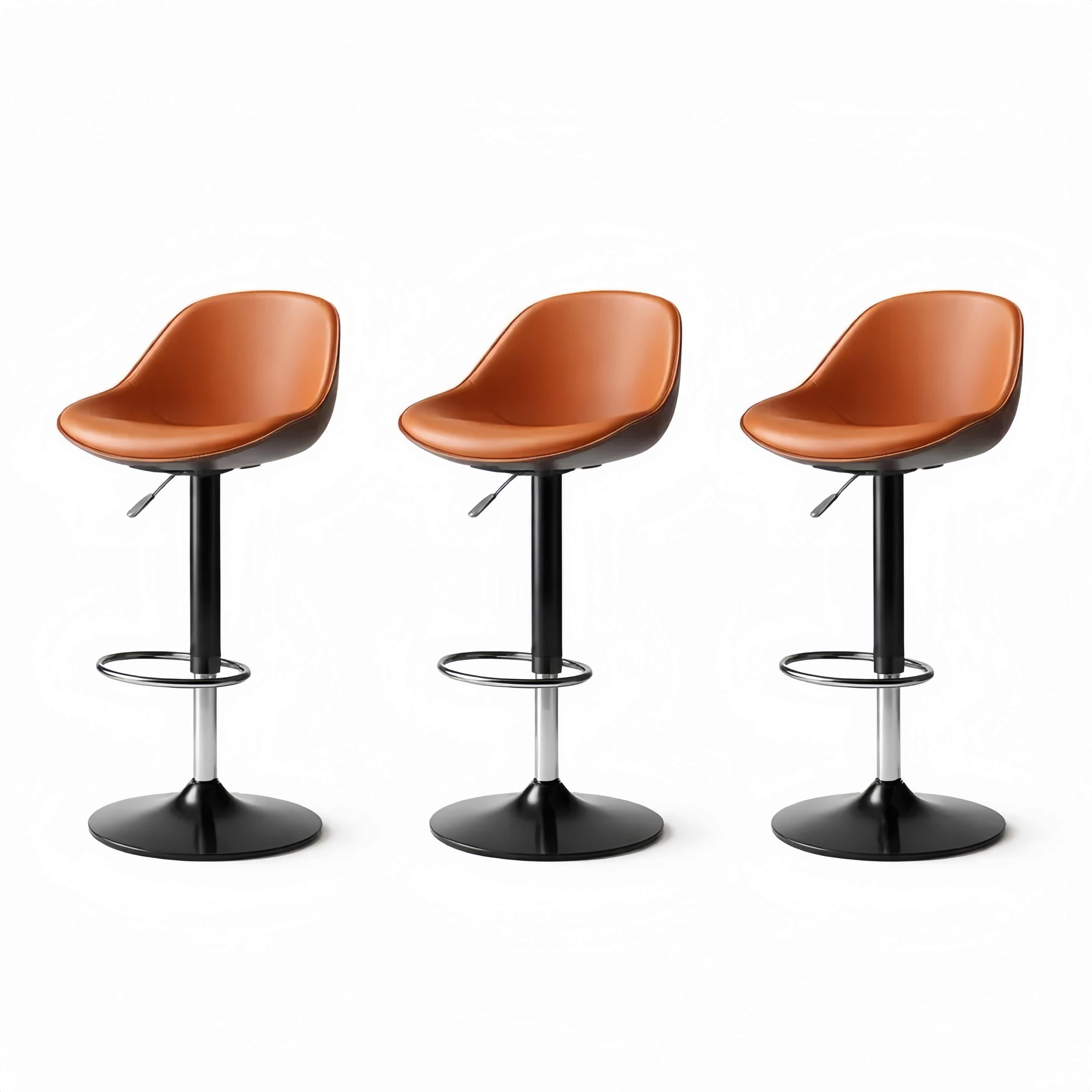 Set of 3 Adjustable Swivel Bar Stools with PU Leather Seat and Black Base in Brown