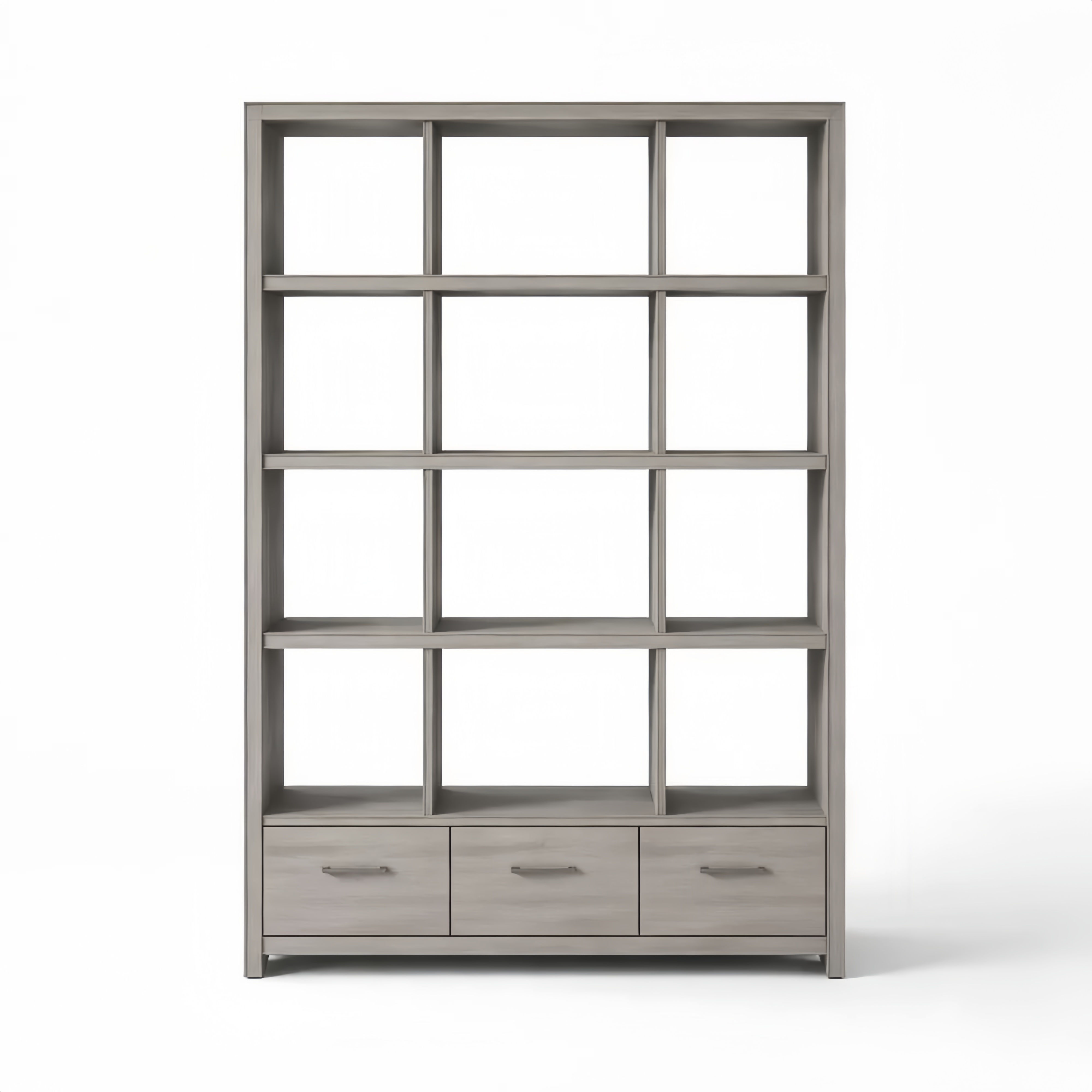 Grey wooden bookcase with drawers, height 180 cm.