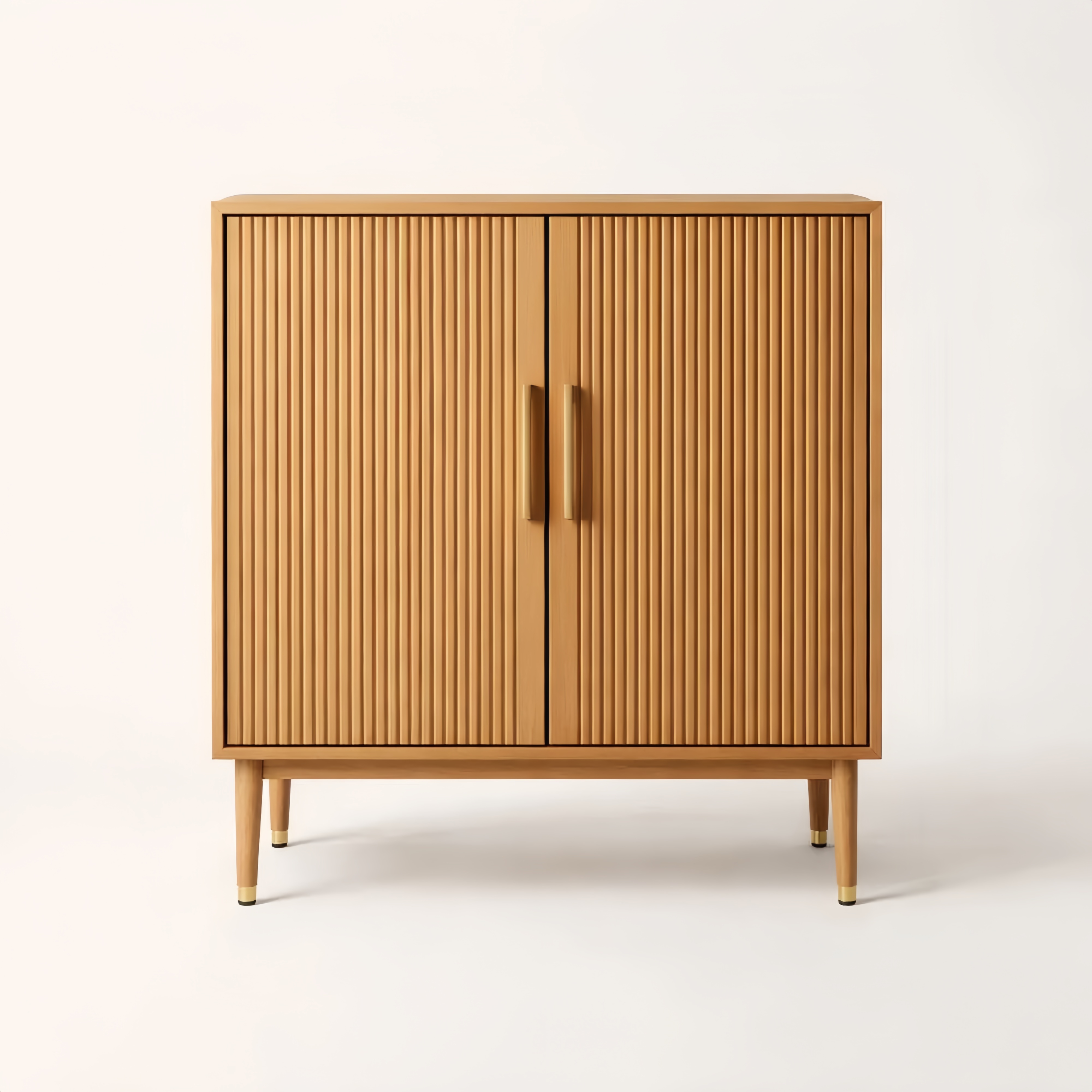Wooden Two-Door Storage Cabinet with Ribbed Detailing and Metal Handles