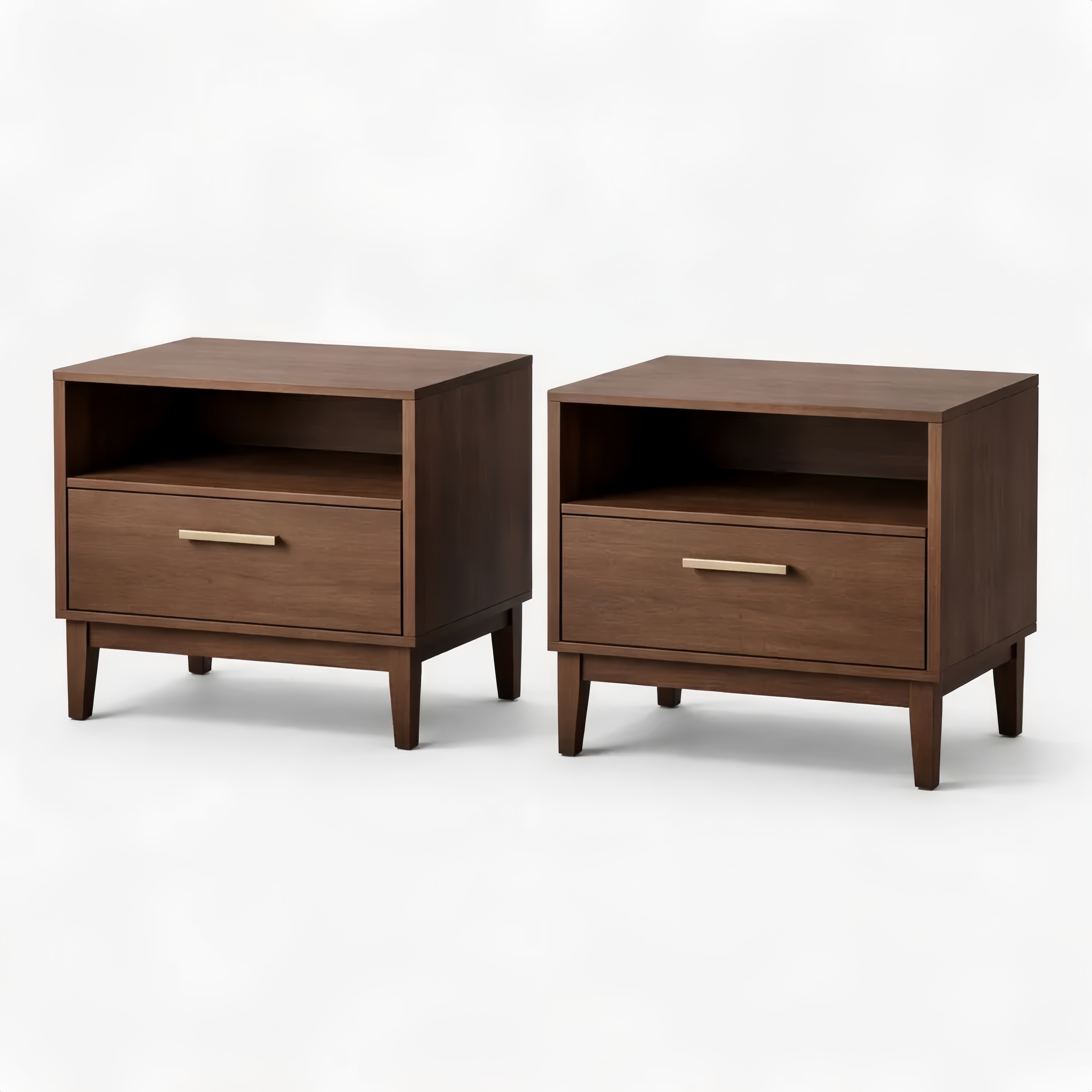 Wood Nightstand Set with Drawer and Open Shelf Walnut 18x15x24 Inches