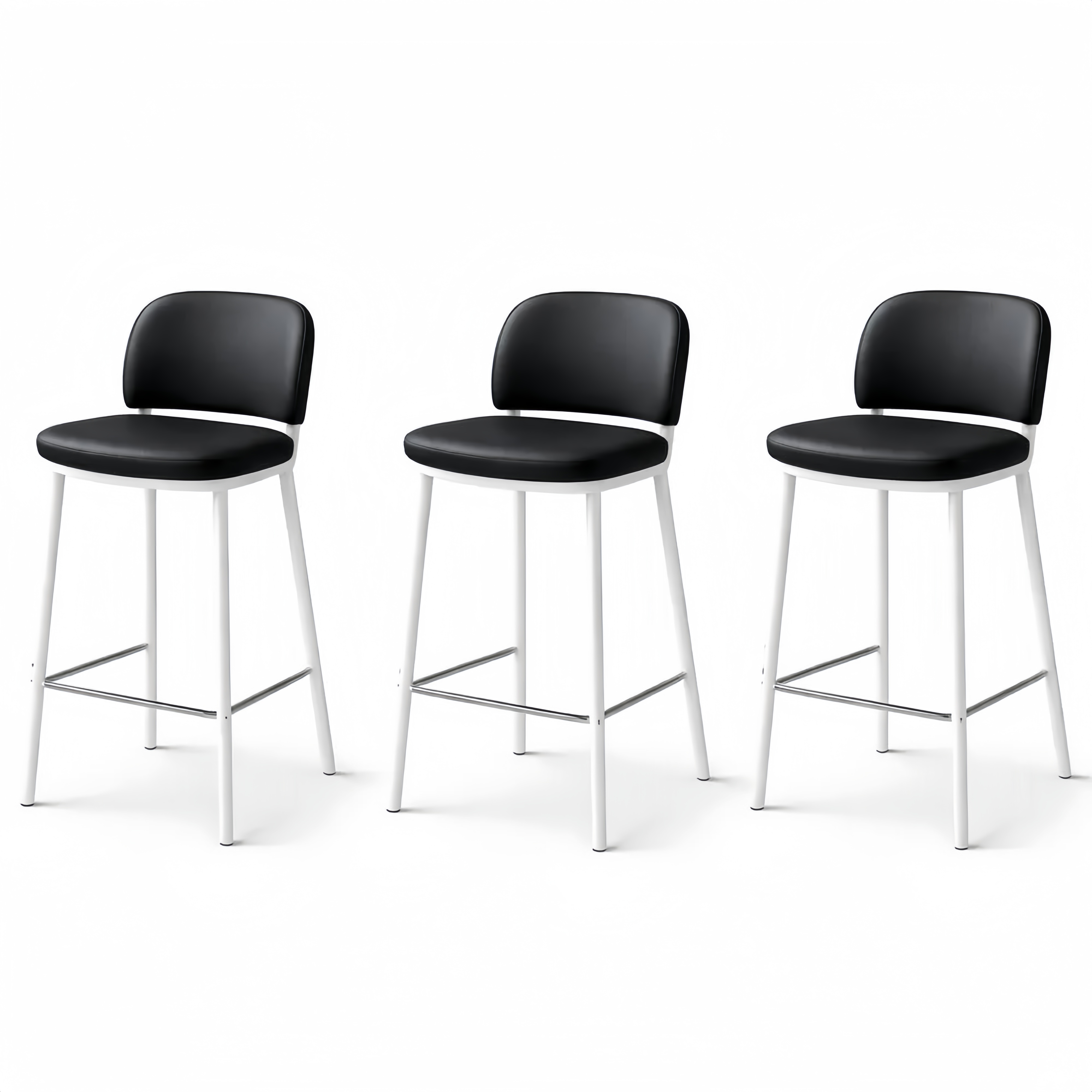 Set of 3 Bar Stools with Metal Frame and PU Leather Upholstery Black