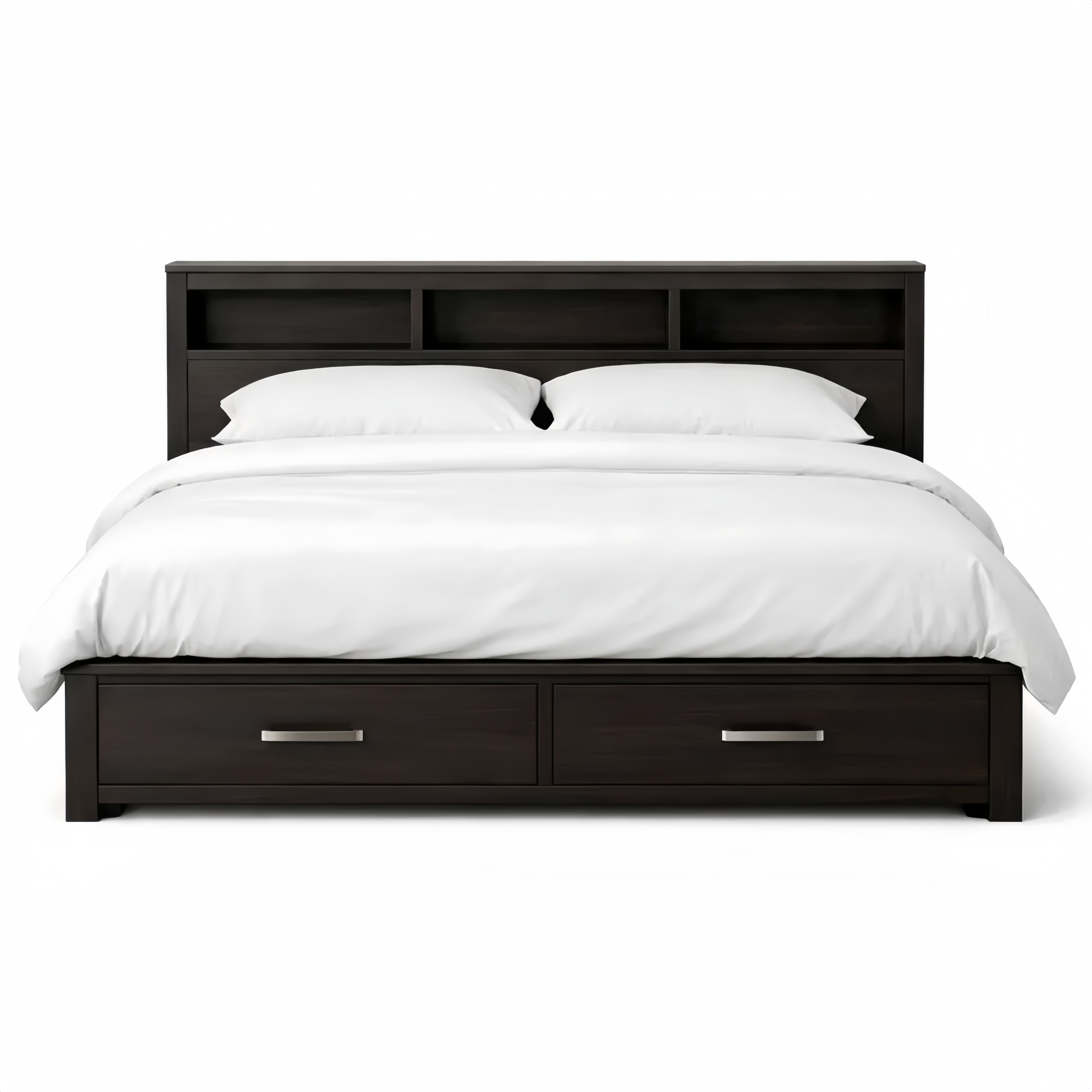 Dark wooden storage bed frame with headboard and drawers