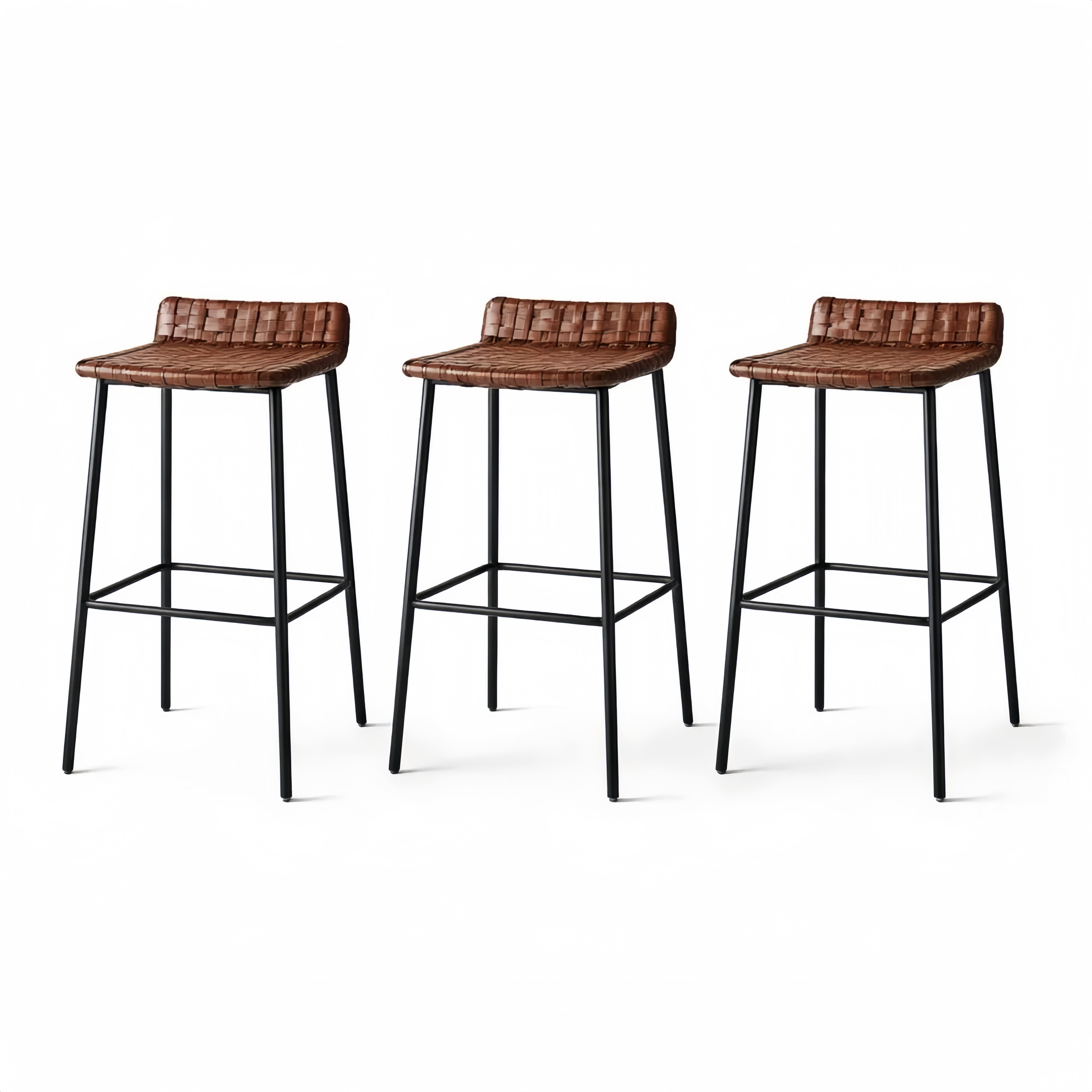 Set of 3 Bar Stools with Woven Faux Leather Seat and Black Metal Frame
