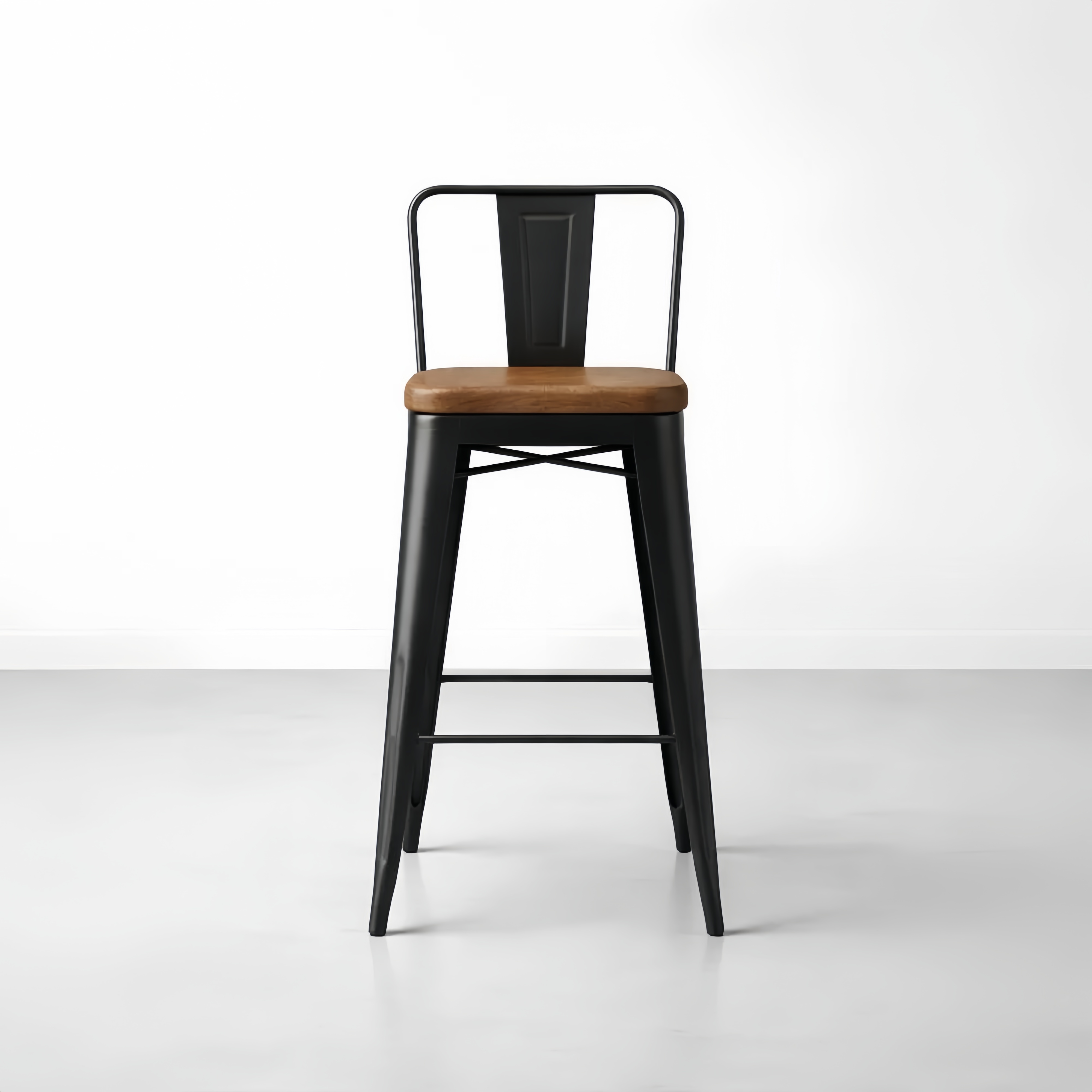 Wood Seat Metal Frame Bar Stool with Backrest Black 76cm