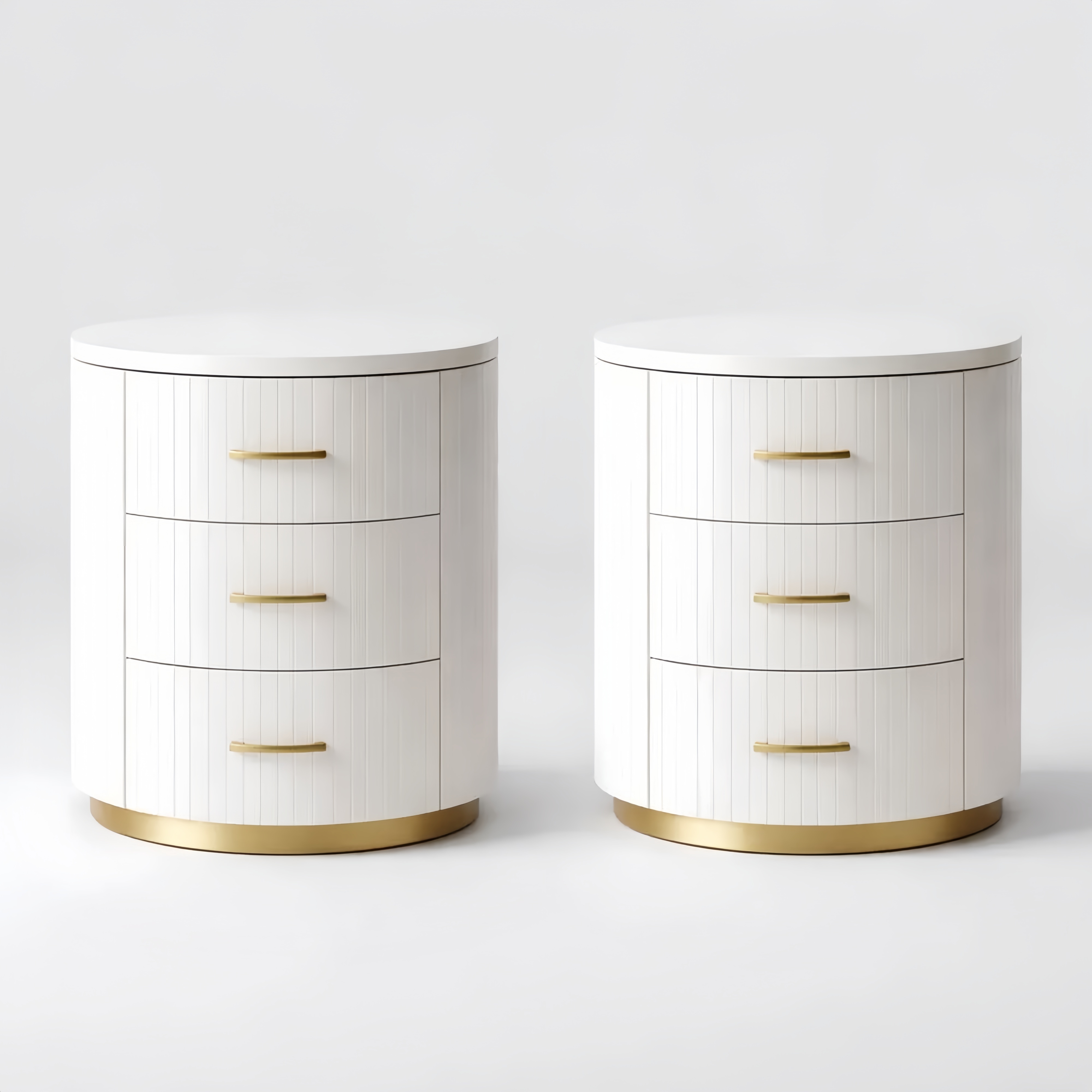 Set of 2 White MDF Round Nightstands with Gold Metal Base and Three Drawers