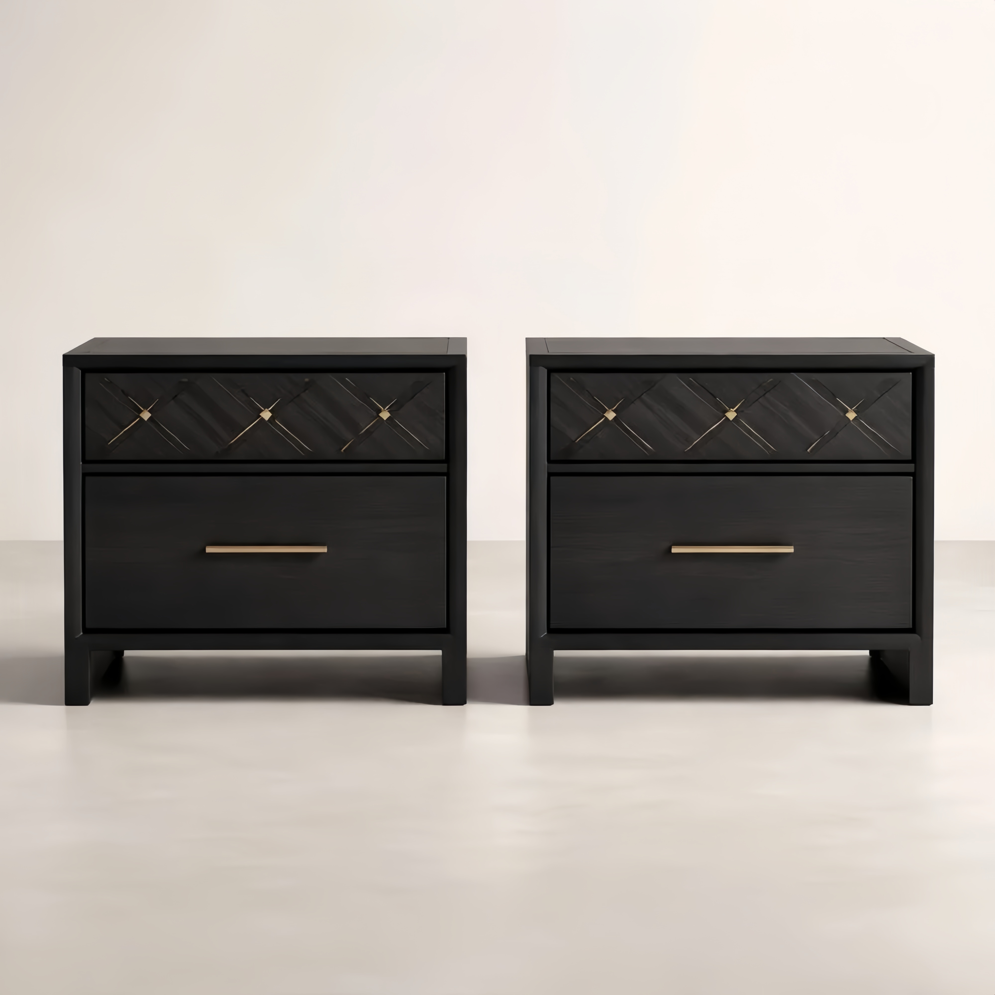 Set of 2 Wooden Nightstands with Metal Handles and Chevron Patterned Front in Black