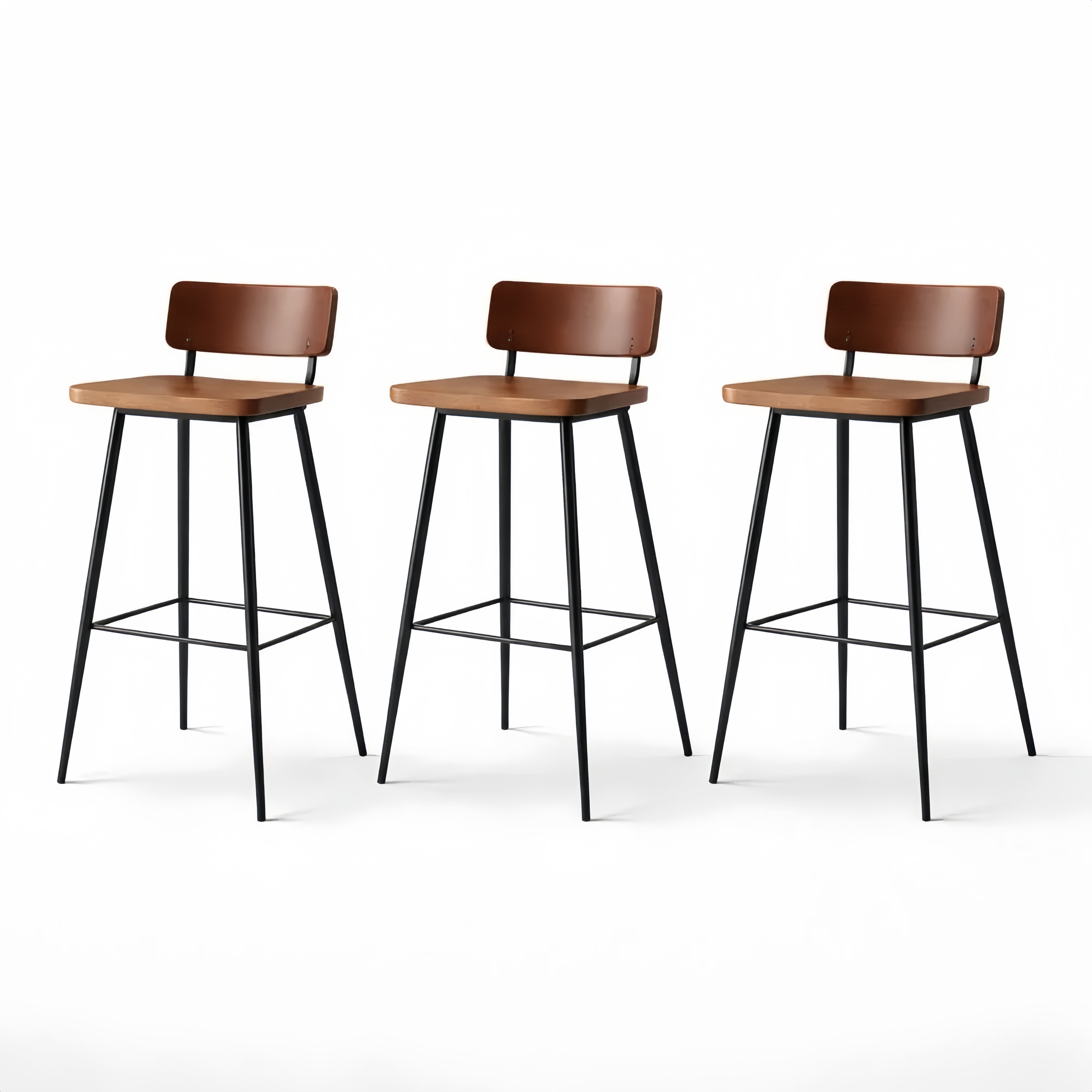 Set of 3 Wooden Seat Metal Frame Bar Stools