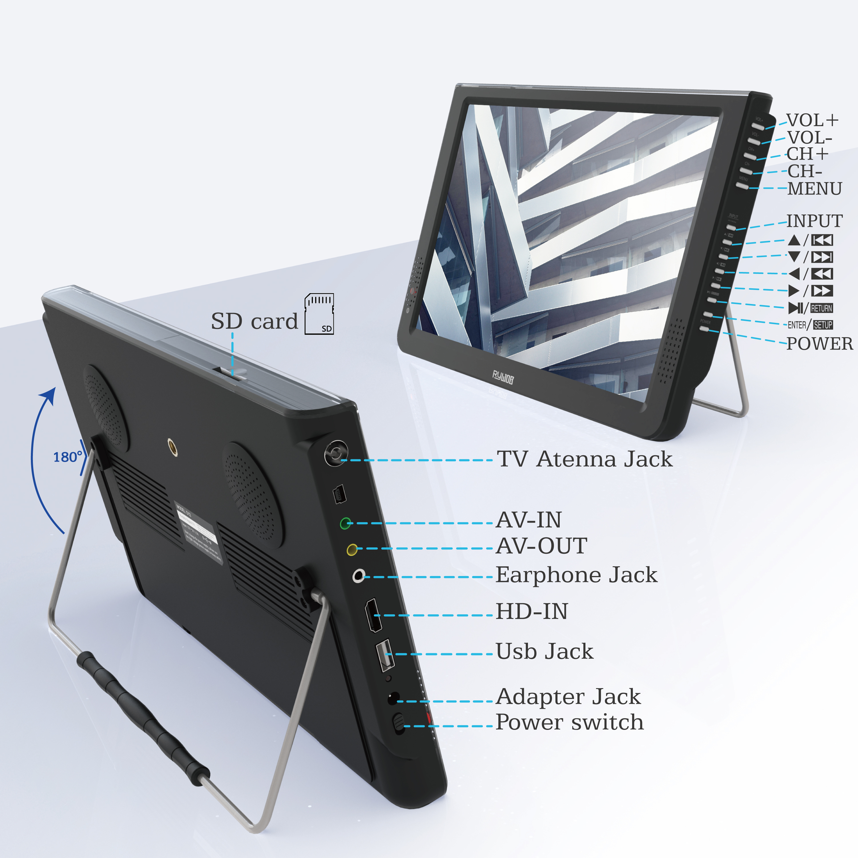 12inch Portable TV,Battery Powered TV with ATSC/HDMI/USB/SD Card/AV Input,Mini Television with Control &TV Stand for Camping,Car,Travel,Emergency
