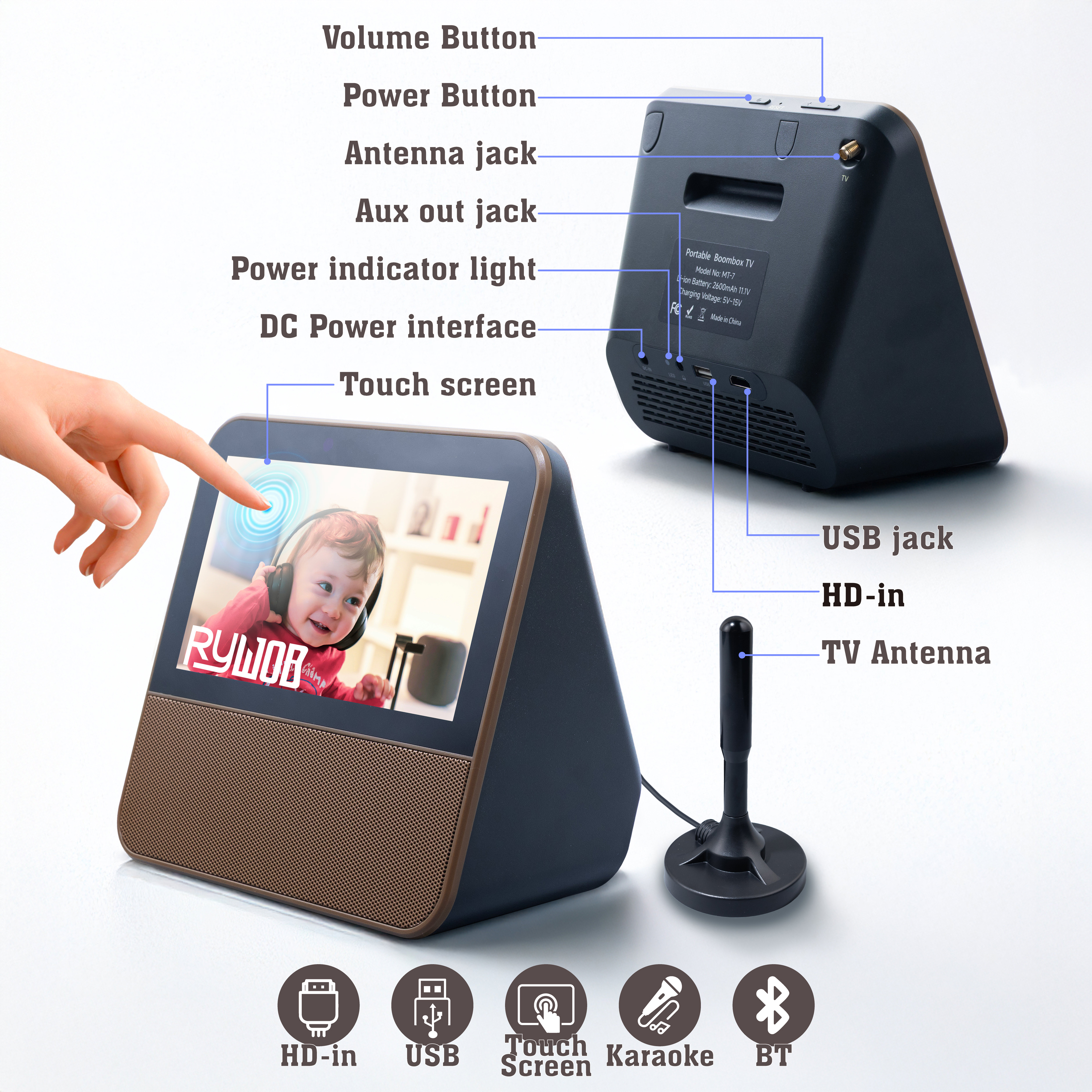 7" Small TV with 1080P Touch Screen,Bluetooth Karaoke Machine with USB/HDMI Input,Mini Portable TV with Remote Control