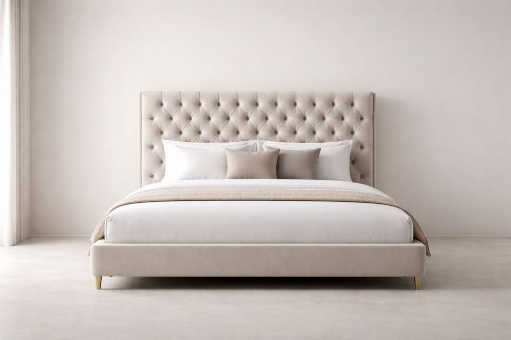 Upholstered King Size Bed with Tufted Headboard and Solid Wood Frame Beige 213cm x 187cm x 127cm