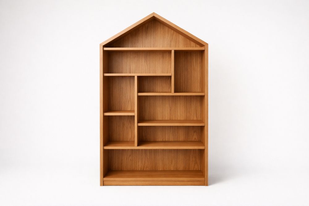 Oak Wood House-Shaped Bookshelf Oak Finish 180cm x 90cm x 30cm