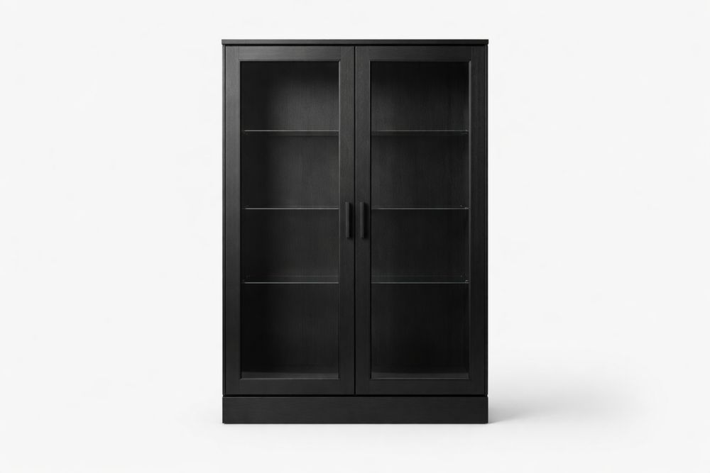 Black MDF Display Cabinet with Glass Doors