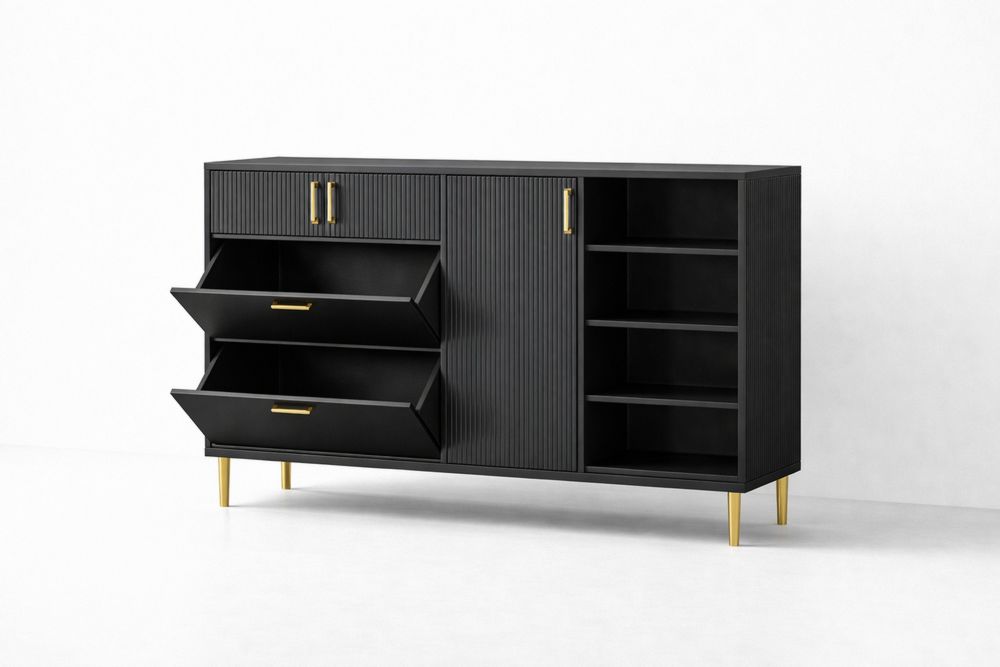 Black Sideboard Cabinet MDF Steel Legs with Three Drawers and One Door