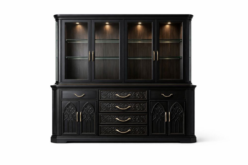 Black Solid Wood Display Cabinet with Glass Doors and Carvings