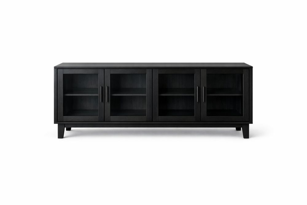 Solid wood Media Console with Glass Doors Black