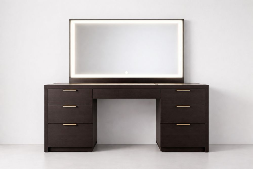 Dark Brown Vanity with LED Mirror and Six Drawers