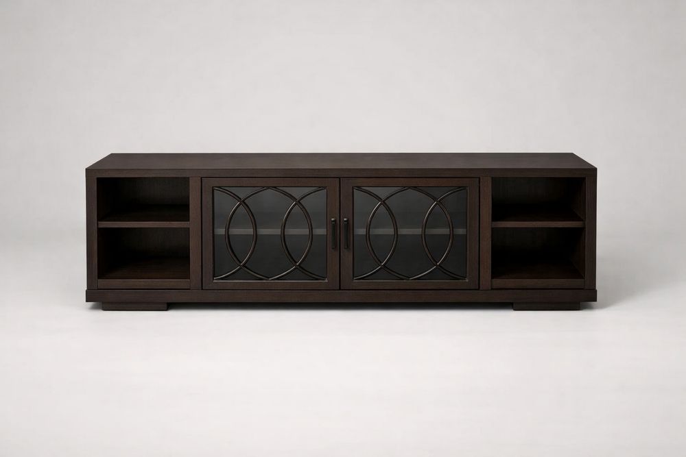 Dark Solid wood TV Stand with Tempered Glass Doors 180cm x 50cm x 60cm