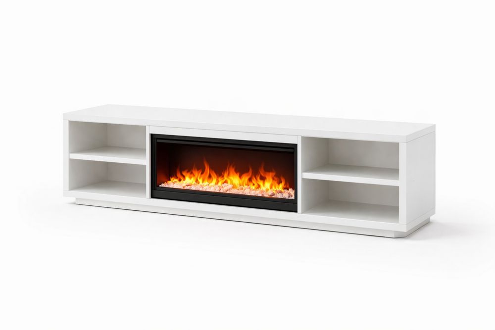 White MDF TV Stand with Electric Fireplace Insert and Shelving 182cm x 40cm x 55cm