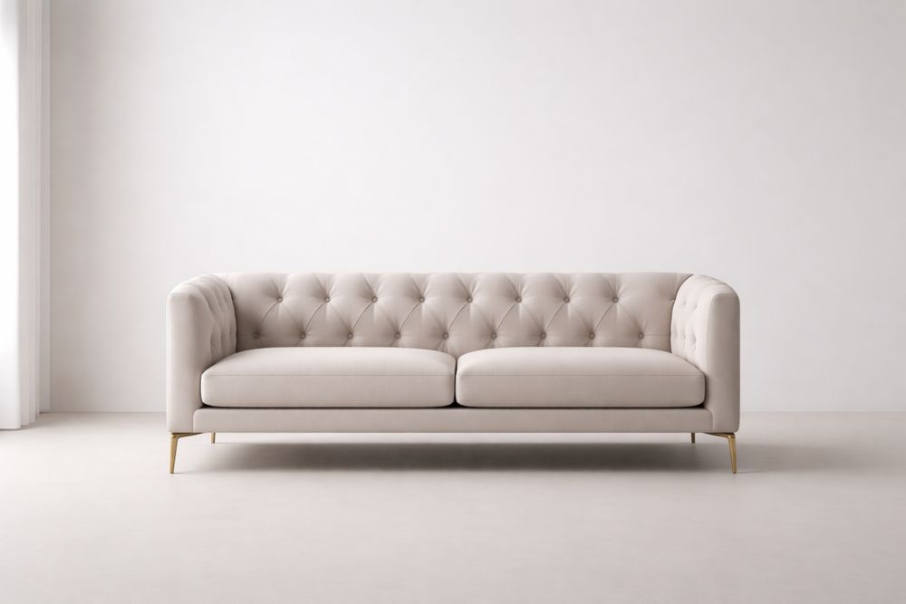 Velvet Tufted Sofa Beige Upholstery Aluminum Legs with seat cushions