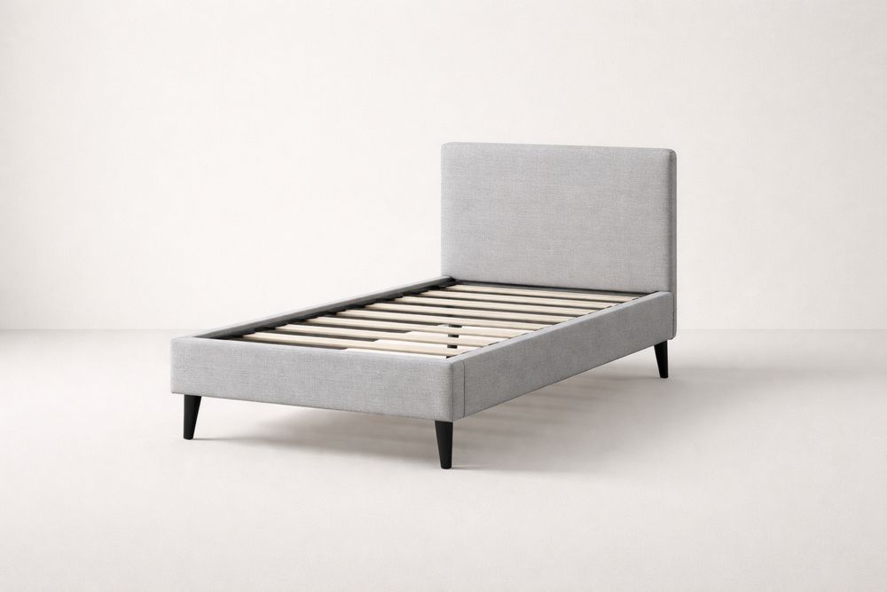 Twin Upholstered Platform Bed Frame with Linen Fabric and Solid wood Slats Grey