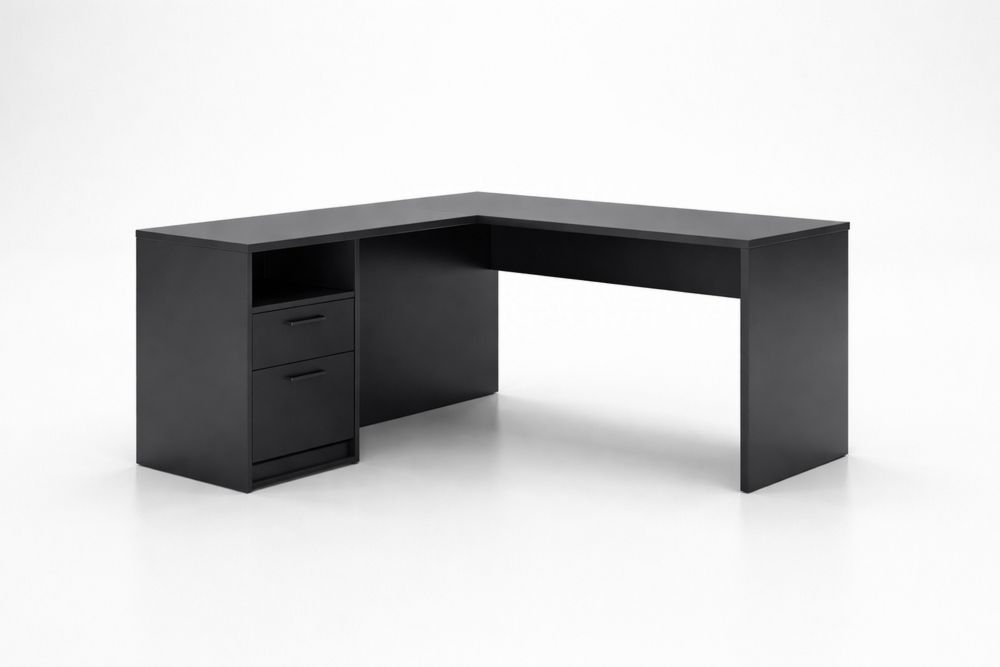 L-Shaped Black MDF Office Desk with Drawers 160cm x 140cm x 75cm