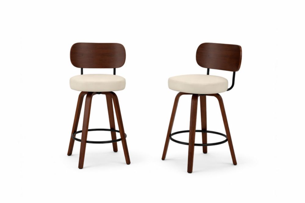 Set of 2 Swivel Bar Stools with Wooden Backrest and Cream Seat Cushions