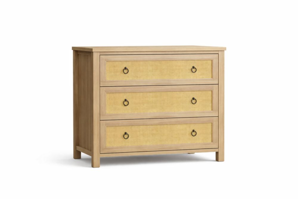 Solid Wood Three-Drawer Dresser with Rattan Fronts