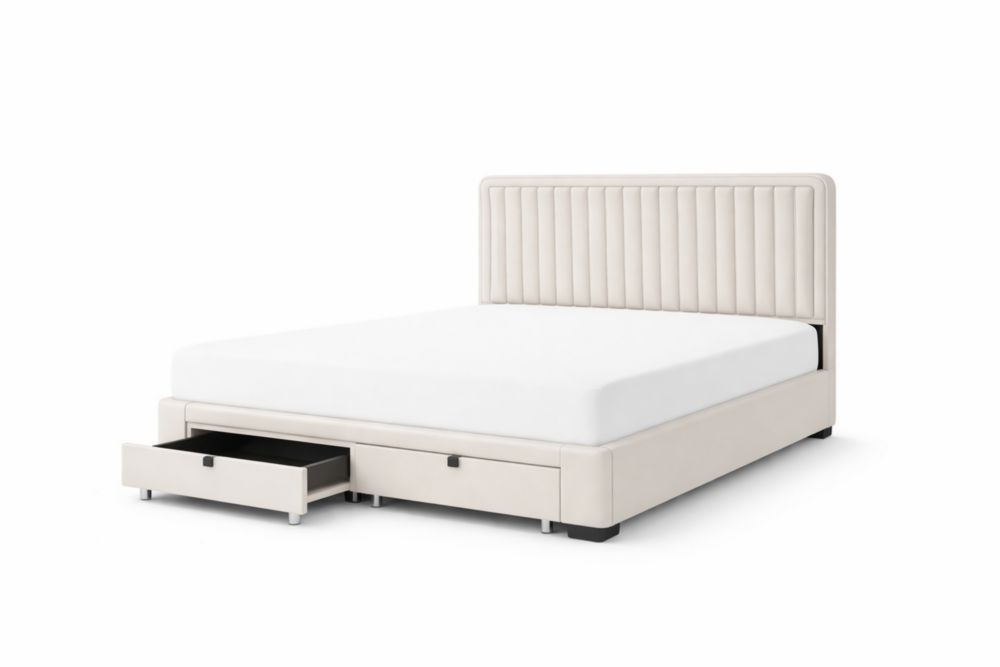 Beige Polyester Upholstered Bed Frame with Storage Drawers and Ribbed Headboard