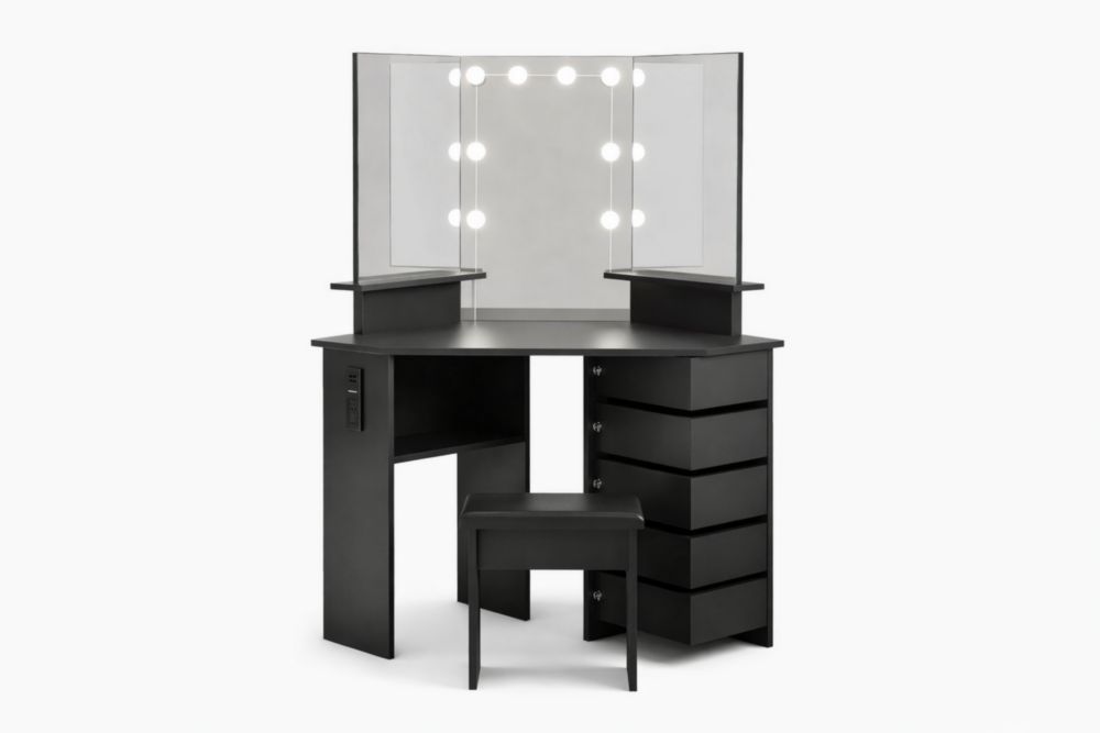 Black Corner Vanity Table with LED Mirror Lights and Stool Set