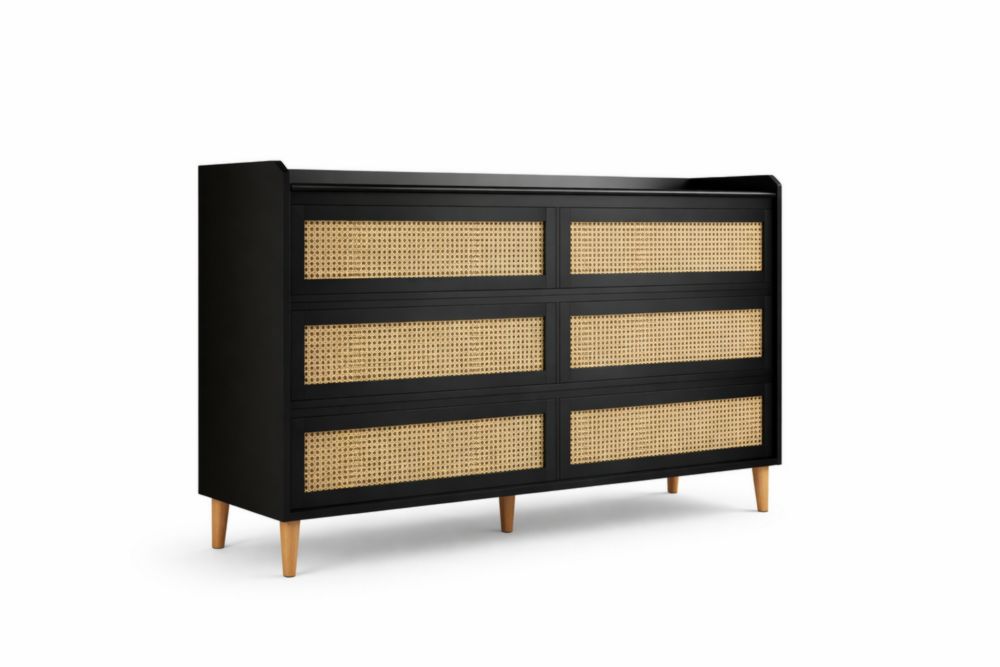 Black Dresser with Cane Front Drawers and Wood Legs