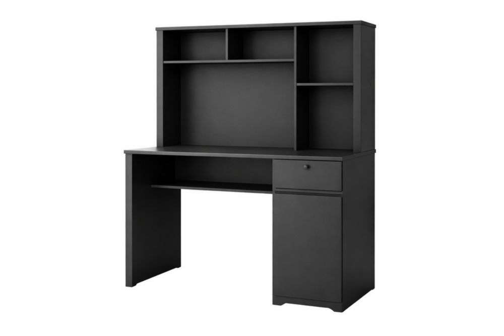 Black Engineered Wood Desk with Hutch and Storage Shelves 120cm x 60cm x 150cm