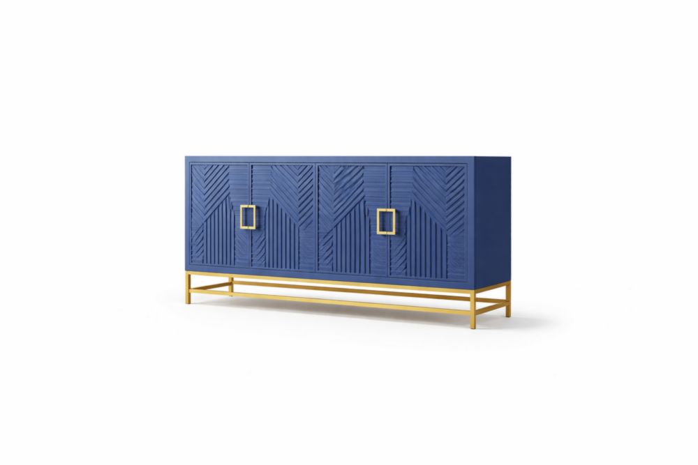 Blue Sideboard with Geometric Pattern and Golden steel Base