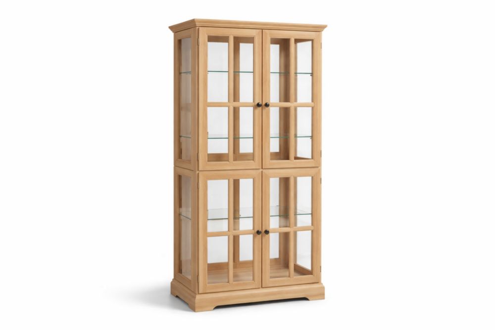 Glass Paneled Oak Wood Display Cabinet with Tempered Glass Shelves