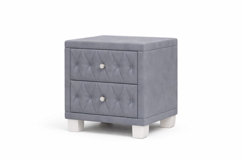 Gray Velvet Upholstered Nightstand with Two Drawers