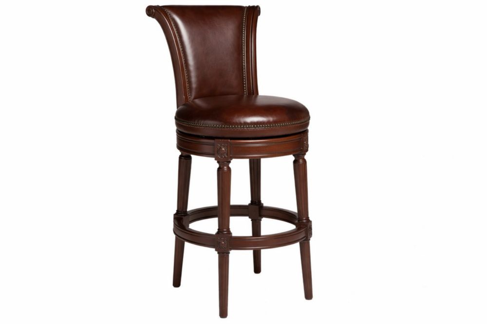 Brown Leather Swivel Bar Stool with Wood Frame