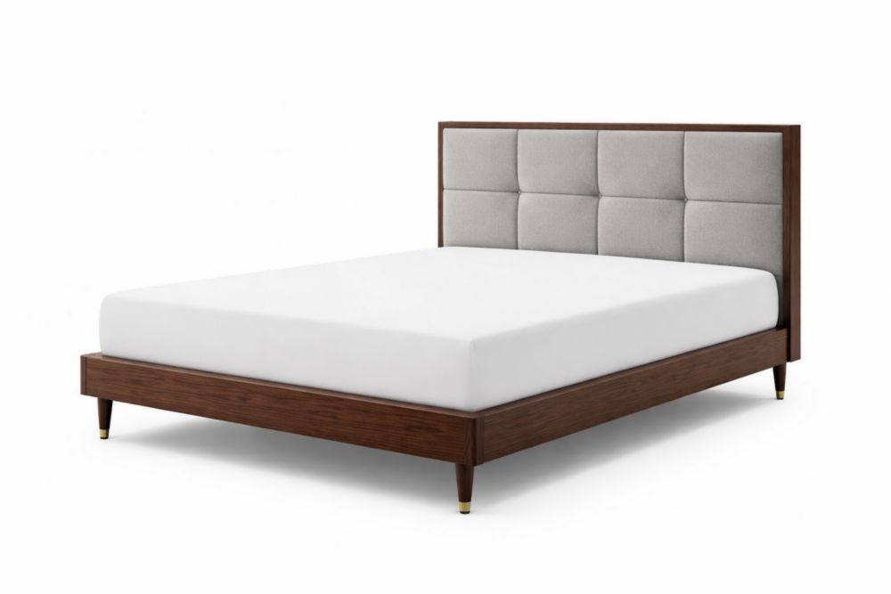 Queen Size Upholstered Bed Frame with Walnut Finish and Fabric Headboard