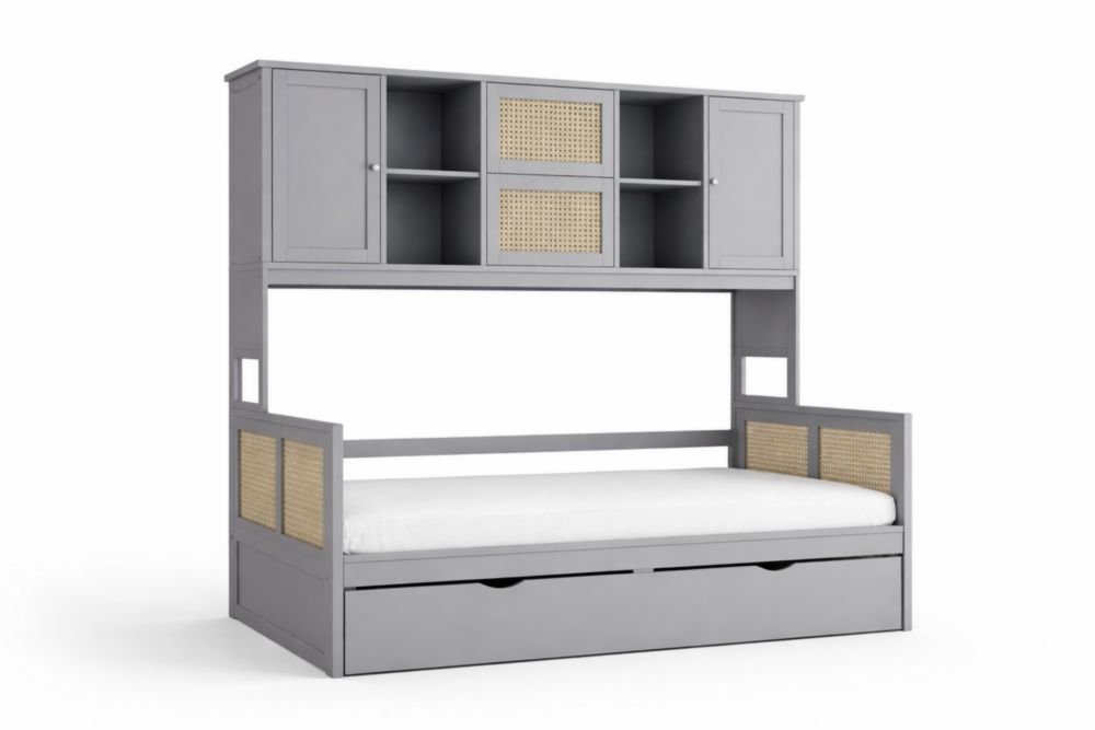 Gray Wooden Daybed with Rattan Panels and Storage Shelves