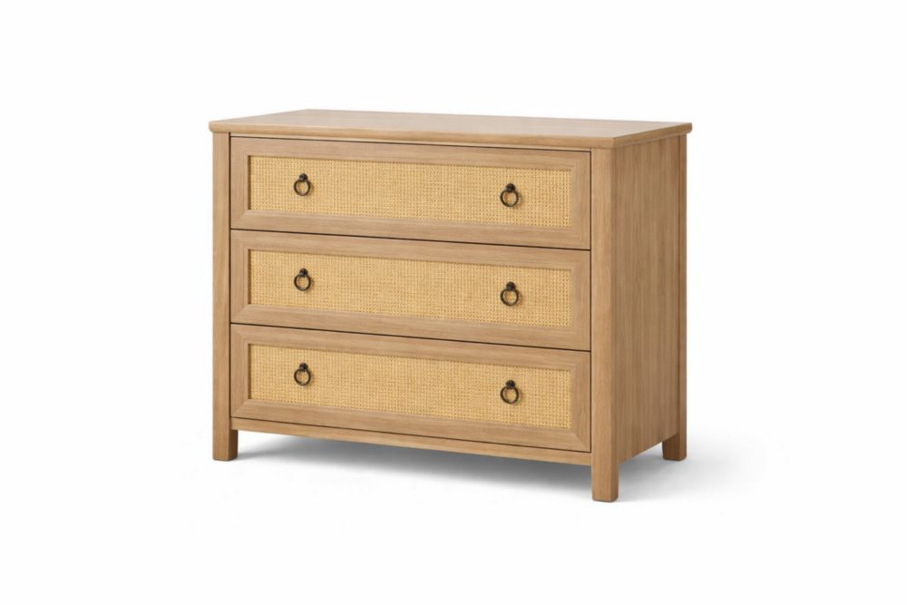 Wooden Chest with Rattan Front Natural Finish 3-Drawer