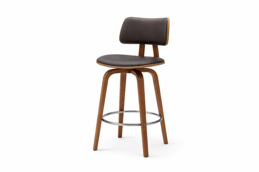 Bar Stool Brown PU Leather Walnut Wood with Chrome Footrest