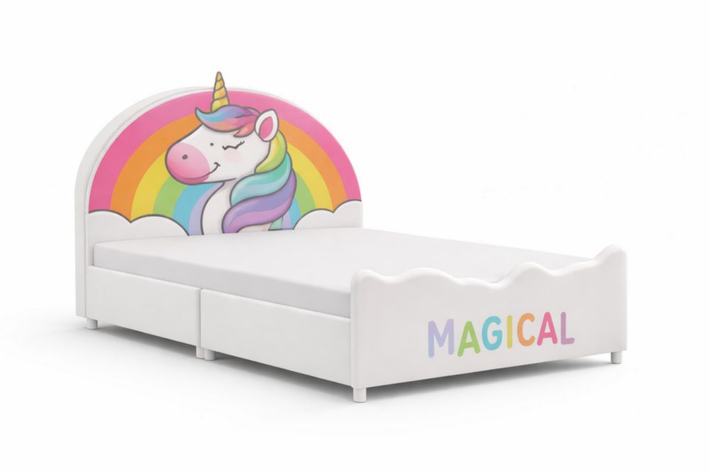 Children's Unicorn Bed with Rainbow Design and Storage Drawers White Wood Frame