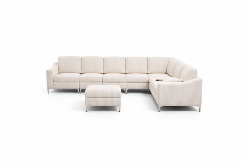 Beige Sectional Sofa Set with Ottoman Linen Upholstery 325x220x90cm