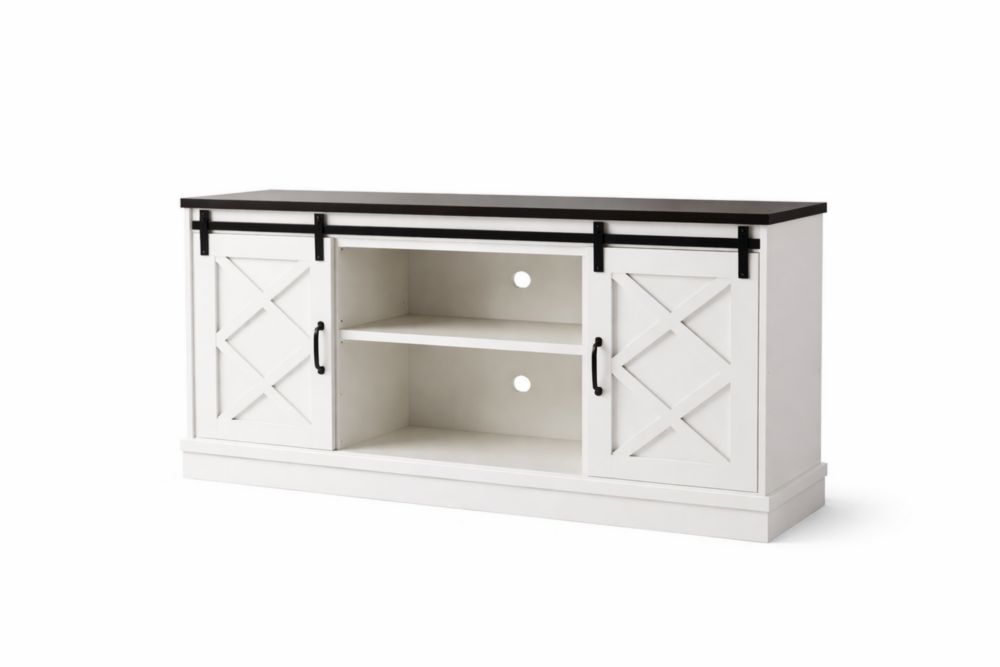 White and Black Sliding Door TV Stand with Shelves  MDF and Veneer